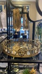 Aynalı yuvarlak eskitme gold ithal metal tepsi 34cm
