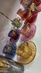 6 Kişilik gold yaldız el boyama cam kahve fincan takımı