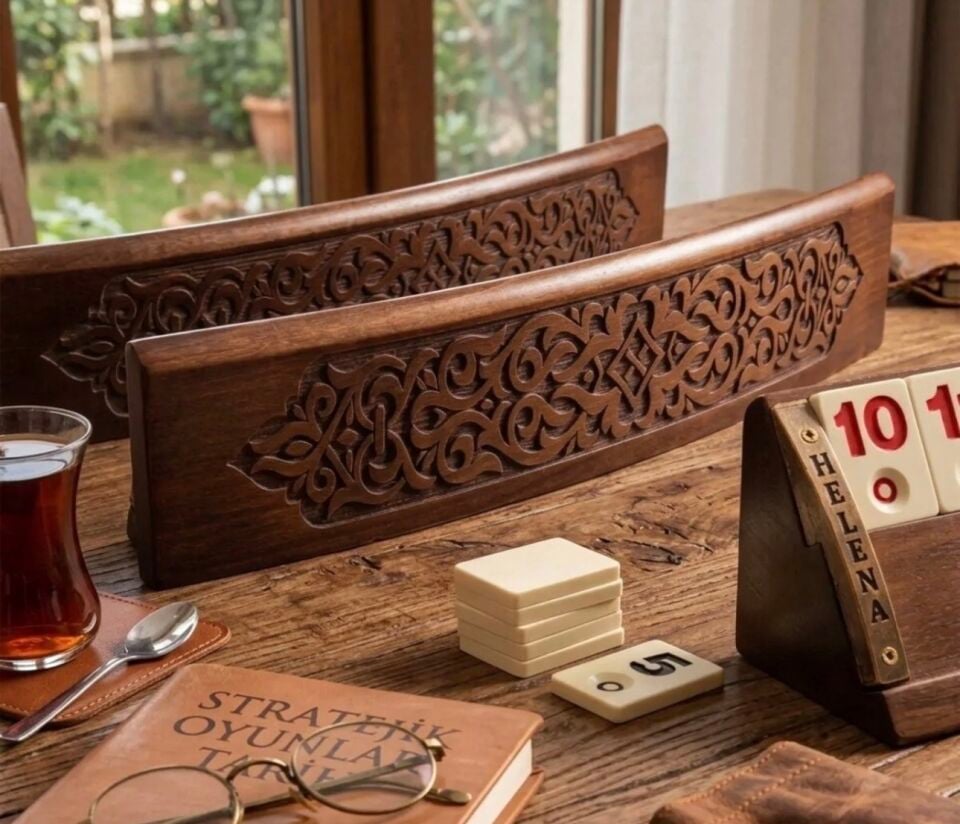 Masif ahşap oval model işlemeli okey takımı
